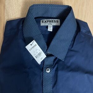 Express Men's Navy Blue Fitted Shirt with Polka Dot Detail